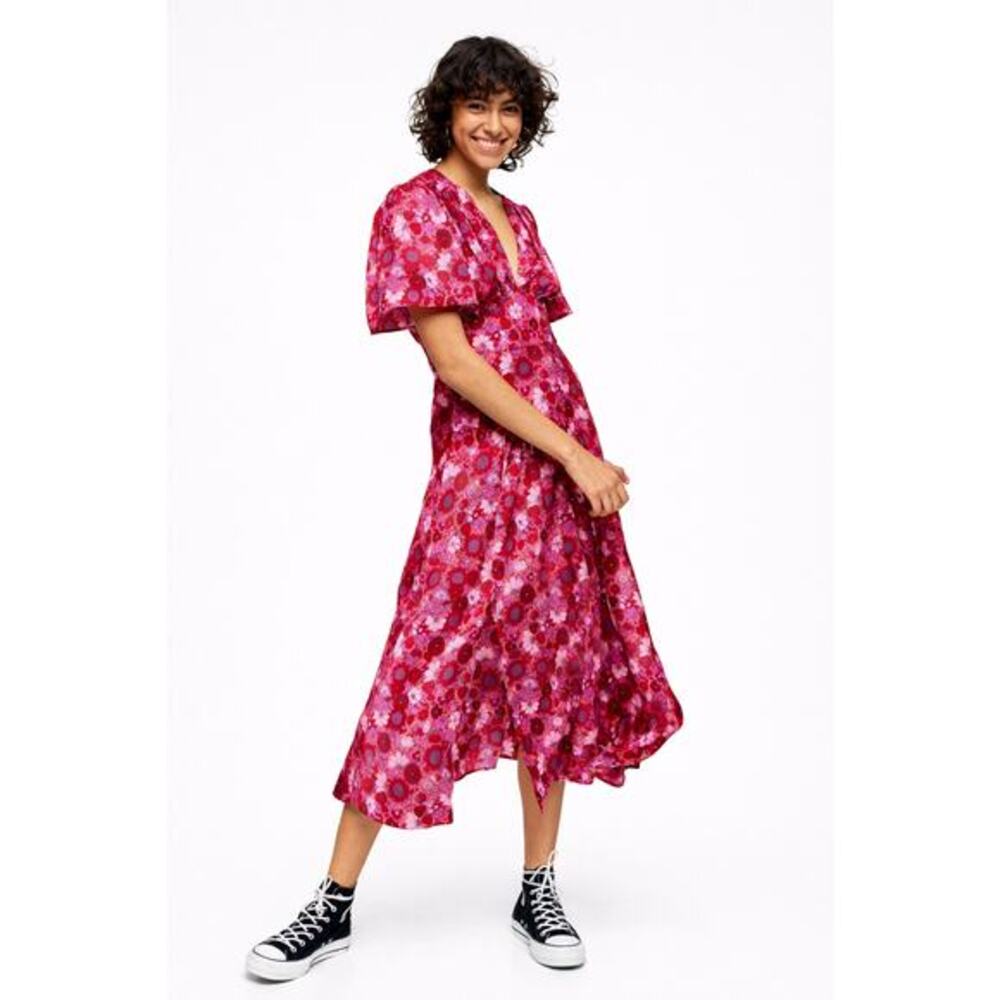 Topshop Willow Pink Floral Print Angel-Sleeve Midi Dress 70s Boho Romantic Sz 12